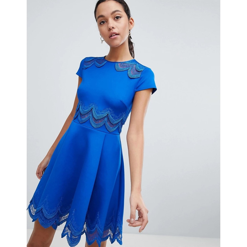 Ted Baker Rehanna Dress Womens Size 4 Blue Lace Scalloped Hem Fit Flare Dress